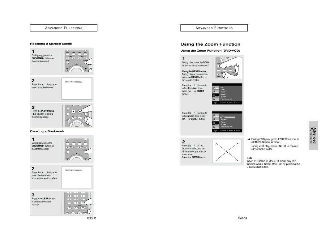 Samsung AK68-00640C Recalling a Marked Scene, Using the Zoom Function DVD/VCD, Clearing a Bookmark, Bookmark button on 