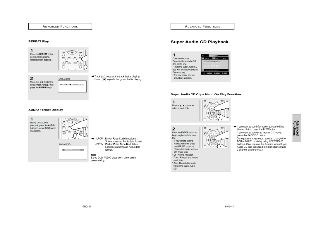 Samsung AK68-00640C manual Super Audio CD Playback, Repeat Play, ENG-42, Press the /❿ buttons to Select Track, Group, then 