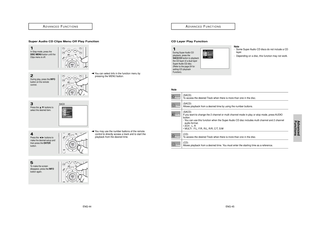 Samsung AK68-00640C manual Super Audio CD Clips Menu Off Play Function, CD Layer Play Function, ENG-44 