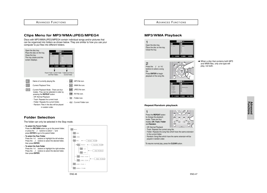 Samsung AK68-00640C manual Clips Menu for MP3/WMA/JPEG/MPEG4, MP3/WMA Playback, Folder Selection, Repeat/Random playback 