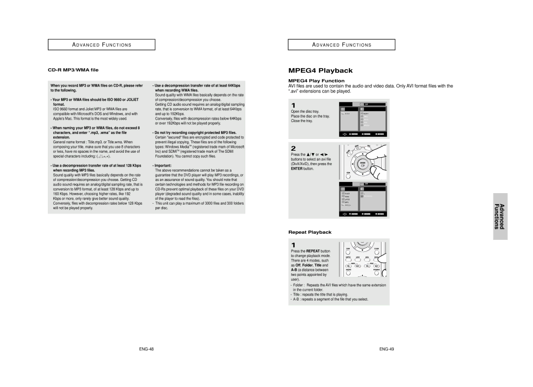Samsung AK68-00640C manual MPEG4 Playback, CD-R MP3/WMA file, MPEG4 Play Function, Repeat Playback, ENG-48 