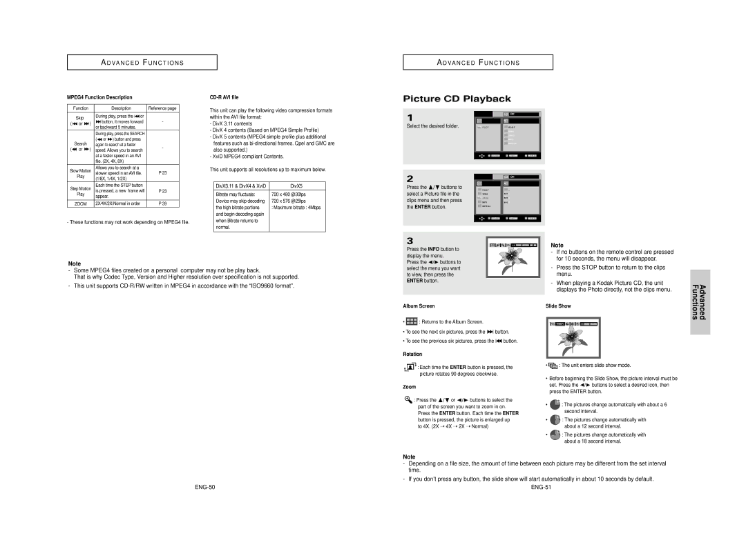 Samsung AK68-00640C manual Picture CD Playback, For 10 seconds, the menu will disappear, Menu 