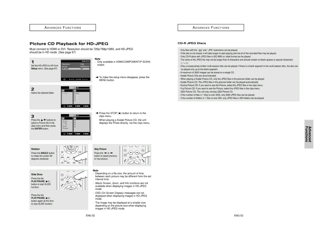 Samsung AK68-00640C manual Picture CD Playback for HD-JPEG, CD-R Jpeg Discs, Press the Stop button to return to, Clips menu 