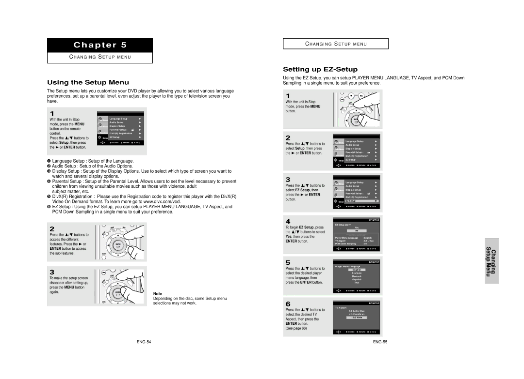 Samsung AK68-00640C manual Using the Setup Menu, Setting up EZ-Setup, Changing Setup Menu, ENG-54 