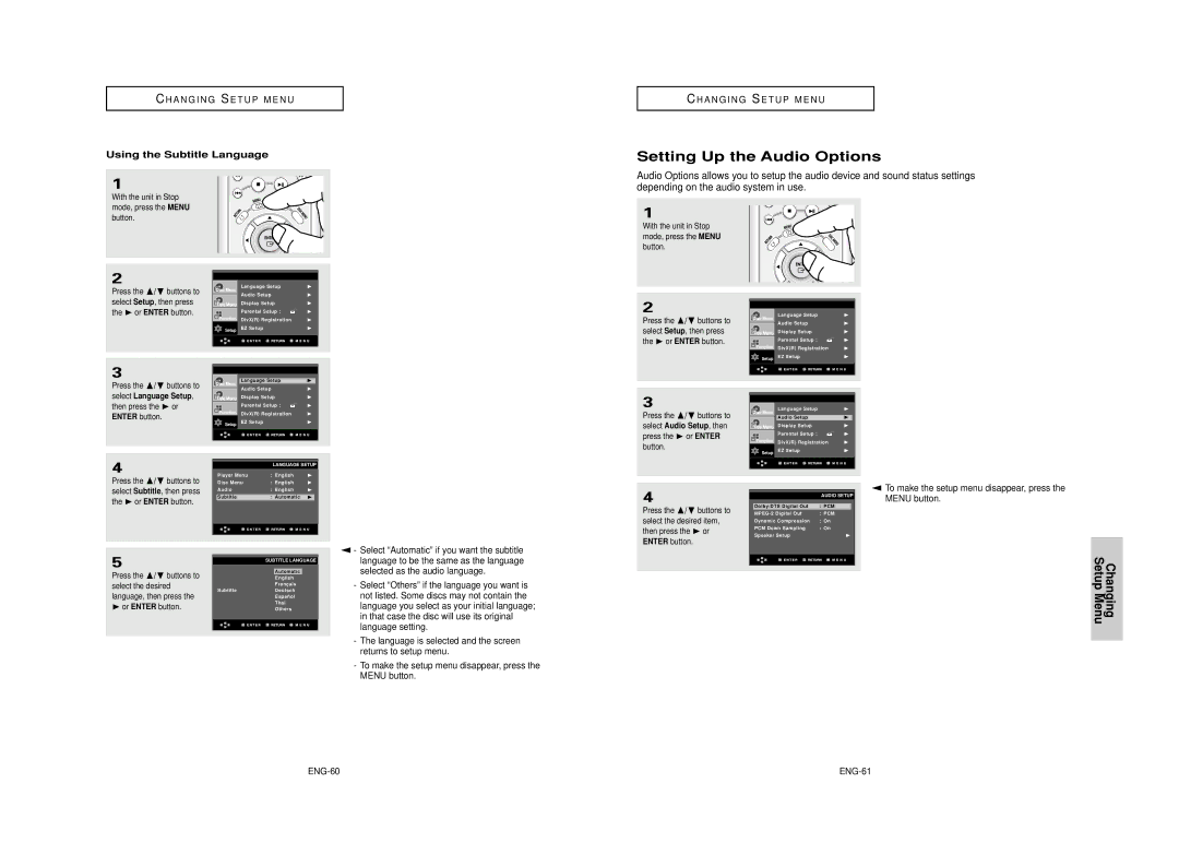 Samsung AK68-00640C manual Setting Up the Audio Options, Setup Menu, Using the Subtitle Language, ENG-60 