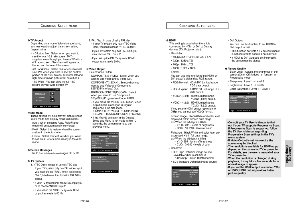 Samsung AK68-00640C manual ❶ TV Aspect, ❷ Still Mode, ❸ Screen Messages, ❹ TV System, ➎ Video Output, ❼ Picture Quality 