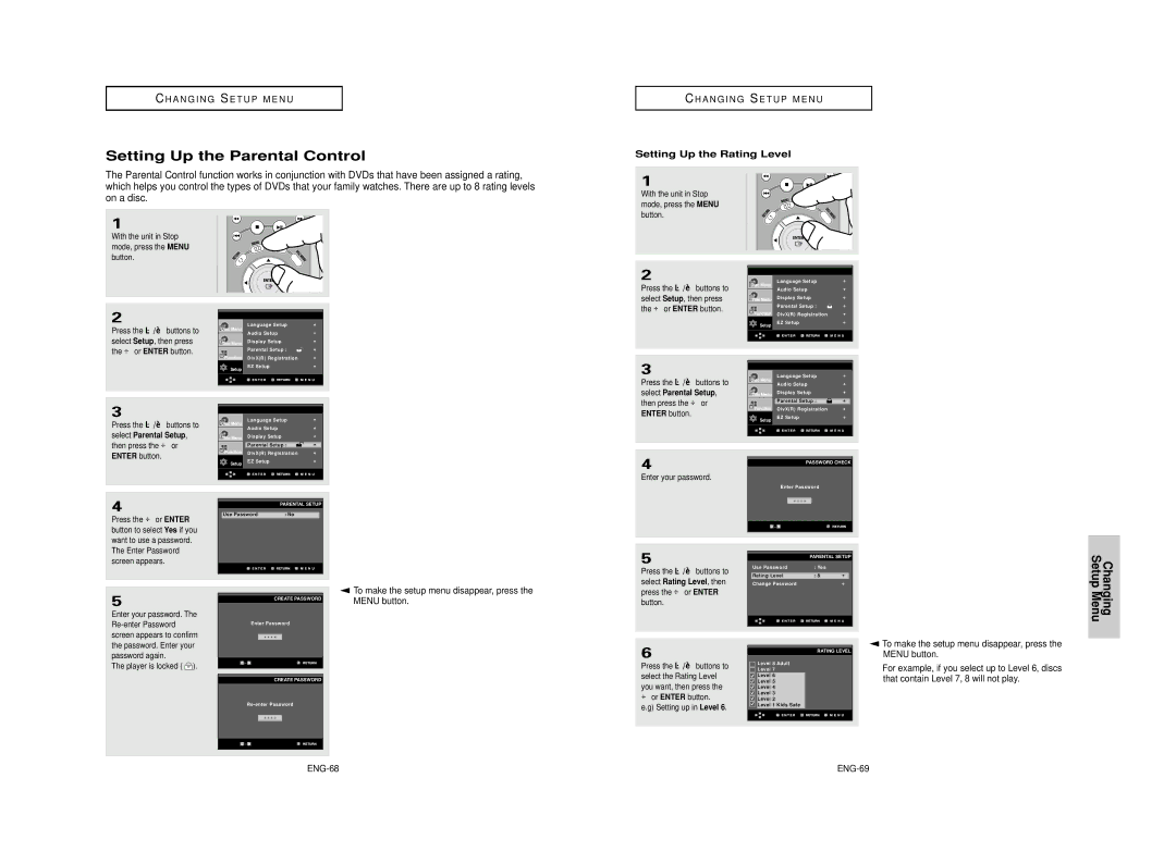 Samsung AK68-00640C manual Setting Up the Parental Control, Setting Up the Rating Level, ENG-68 