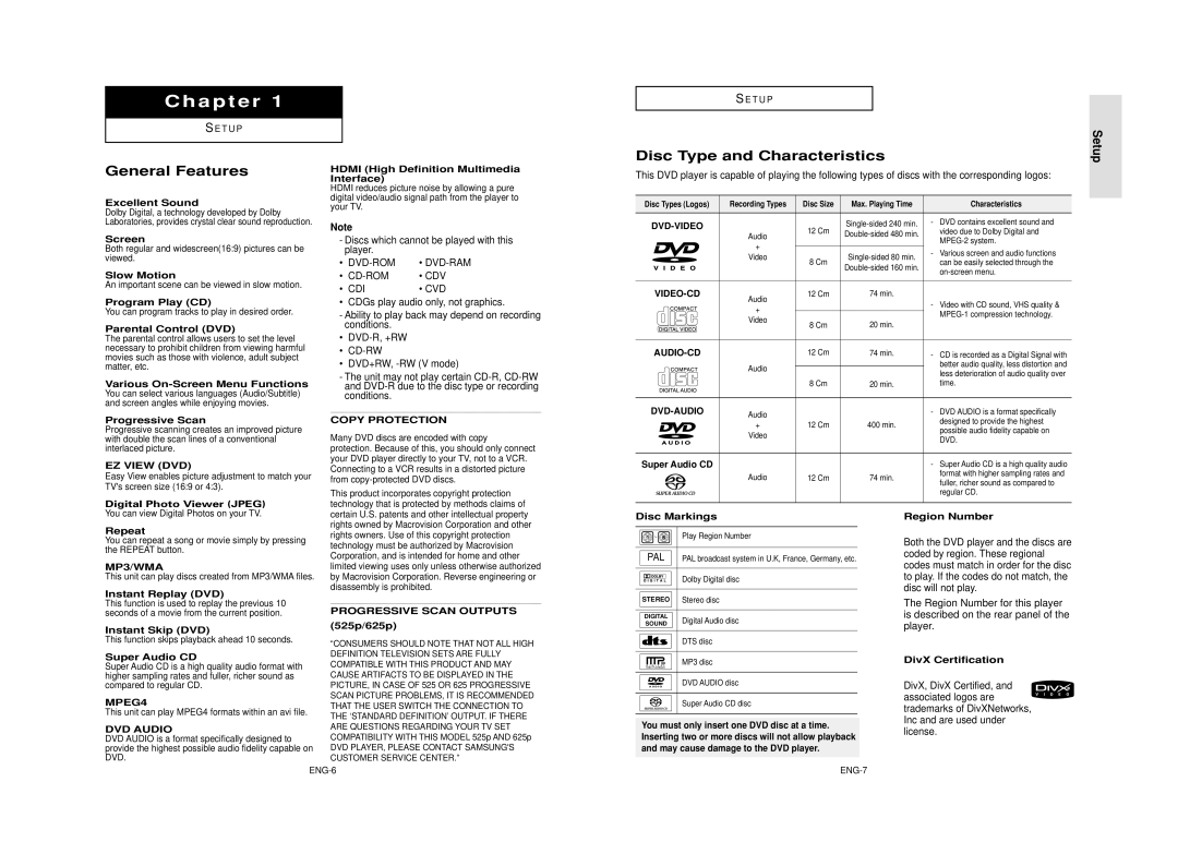 Samsung AK68-00640C manual General Features, Disc Type and Characteristics, Setup 