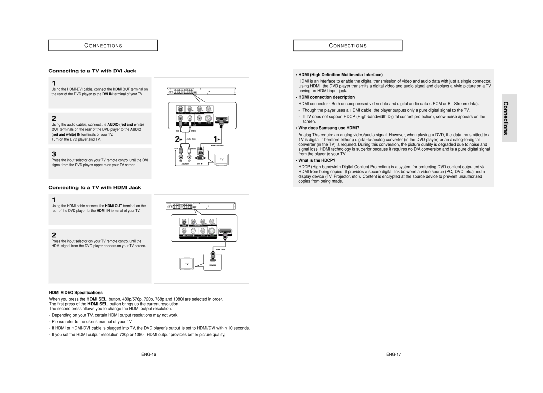 Samsung AK68-00640C manual Connecting to a TV with DVI Jack, Connecting to a TV with Hdmi Jack, Hdmi Video Specifications 