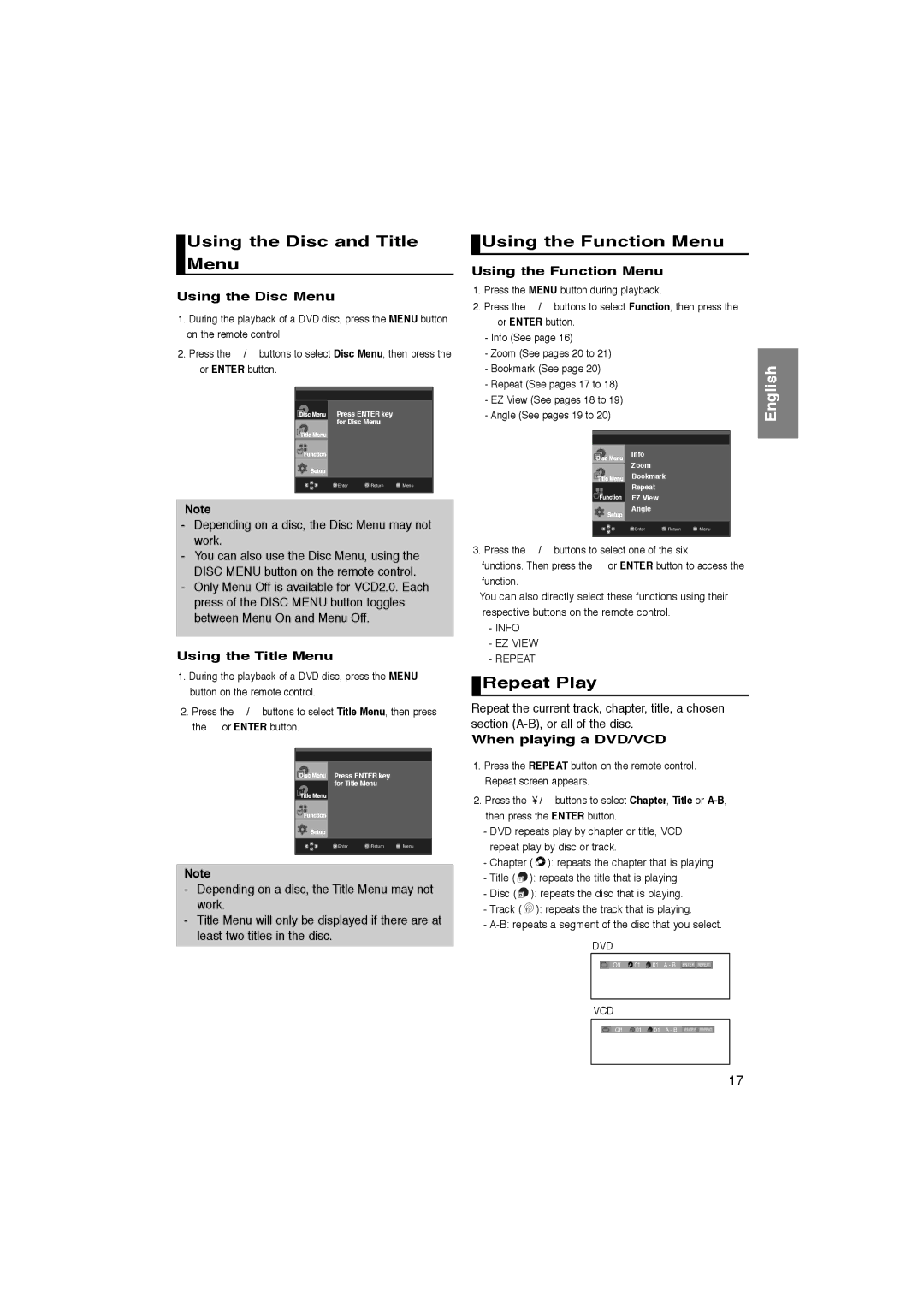 Samsung AK68-00918M manual Using the Disc and Title Menu, Using the Function Menu, Repeat Play 