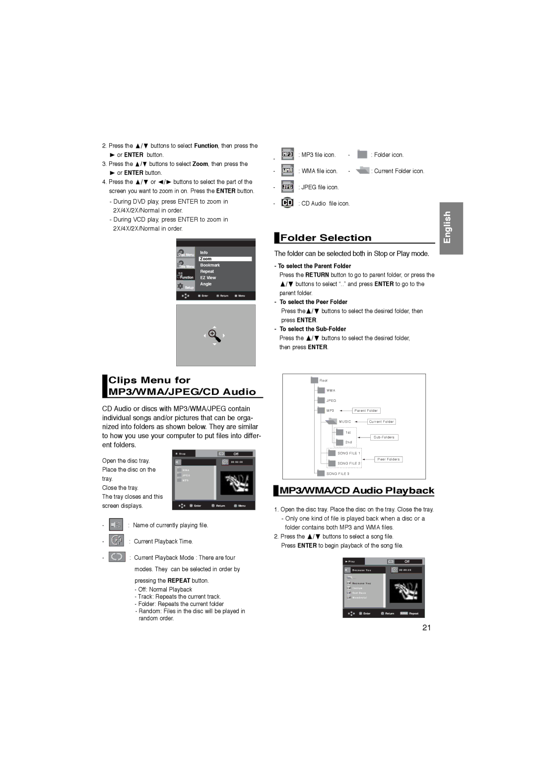 Samsung AK68-00918M manual Clips Menu for MP3/WMA/JPEG/CD Audio, Folder Selection, MP3/WMA/CD Audio Playback 