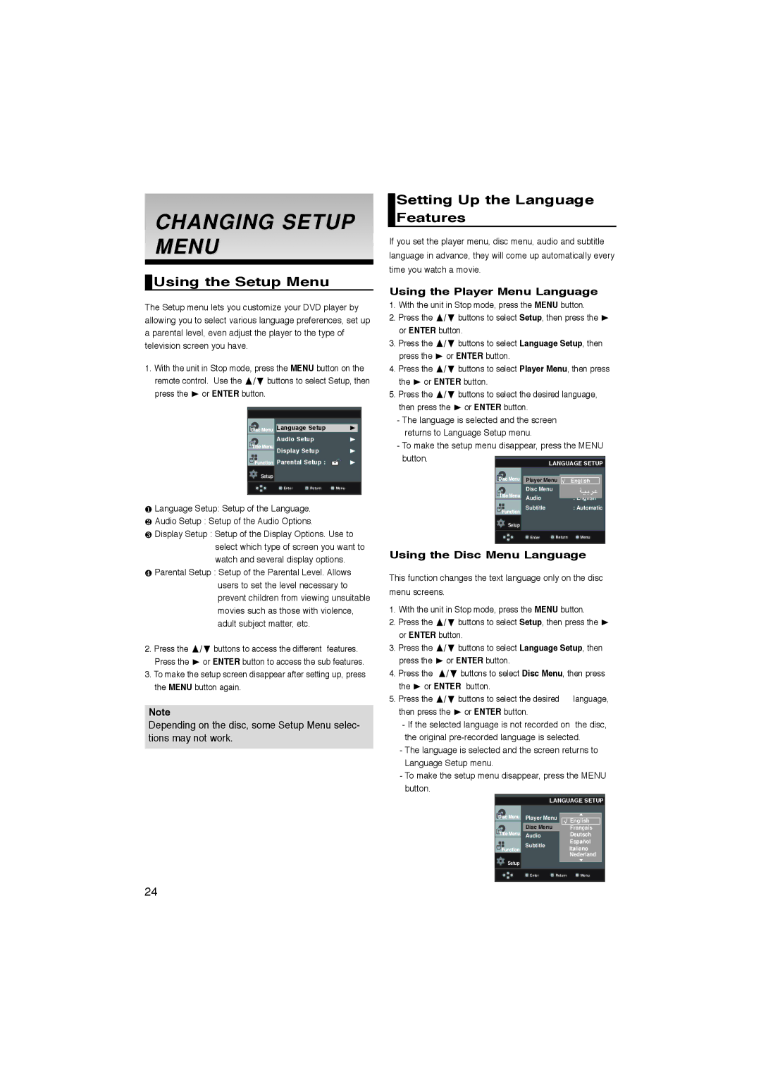 Samsung AK68-00918M manual Changing Setup Menu, Using the Setup Menu, Setting Up the Language Features 