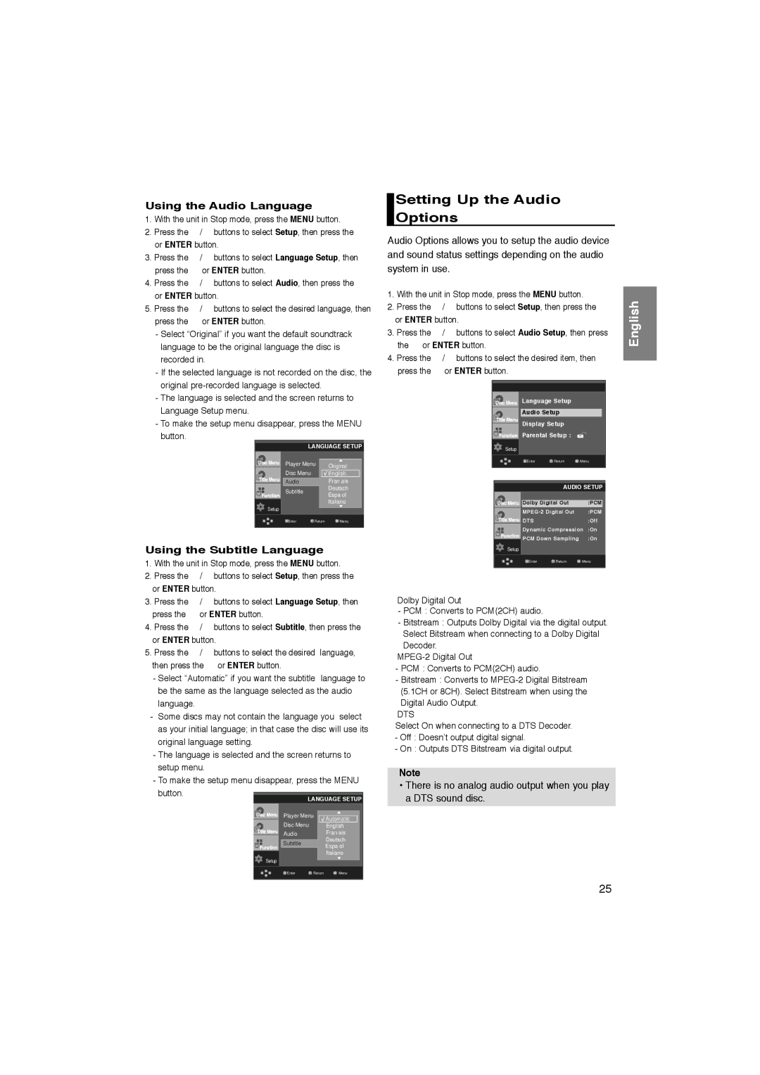 Samsung AK68-00918M manual Setting Up the Audio Options, Using the Audio Language, Using the Subtitle Language 