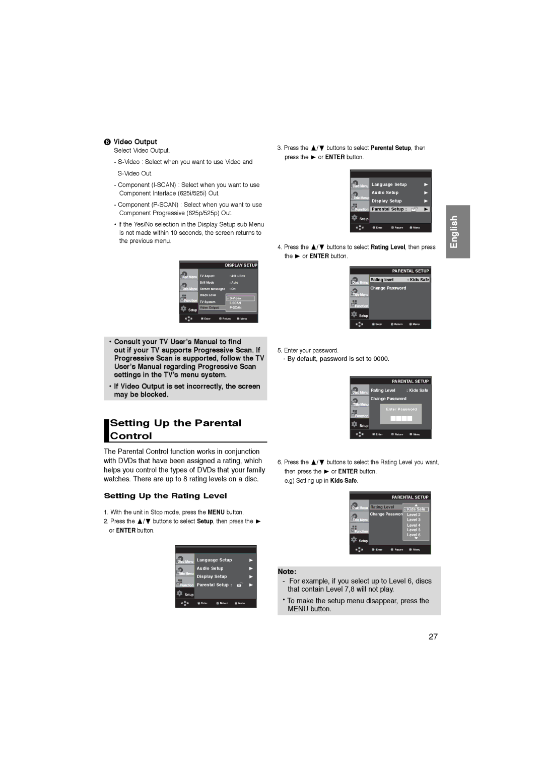 Samsung AK68-00918M manual Setting Up the Parental Control, ➏ Video Output, Consult your TV User’s Manual to find 