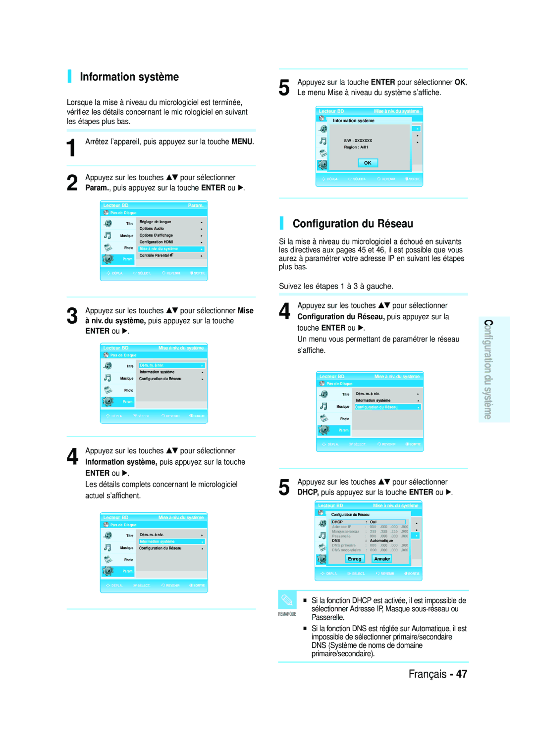Samsung 1357B-BD-P1200-XAC manual Information système, Configuration du Réseau, Niv. du système, puis appuyez sur la touche 