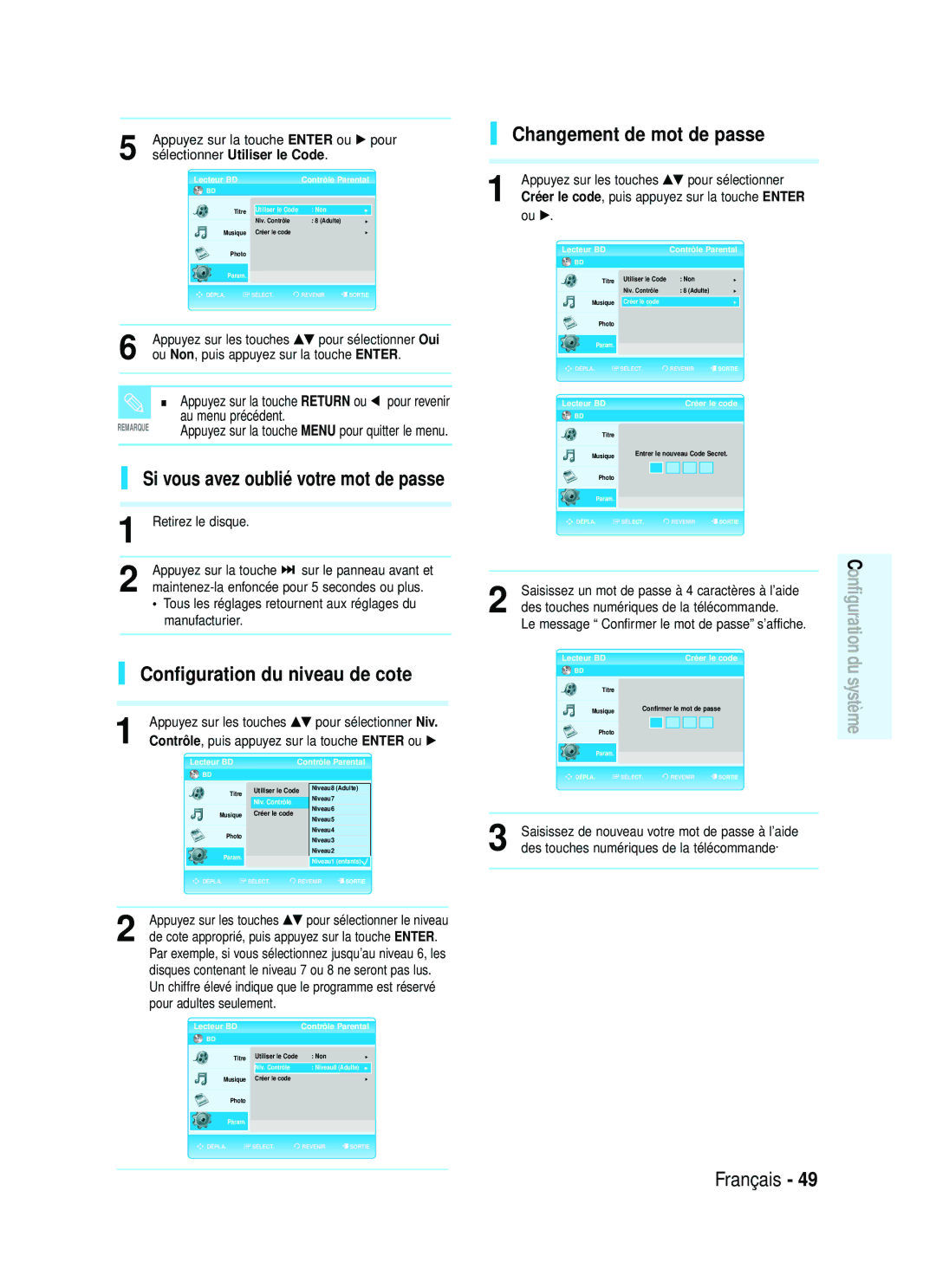 Samsung 20070320082319250, AK68-01357B, 1357B-BD-P1200-XAC manual Configuration du niveau de cote, Changement de mot de passe 