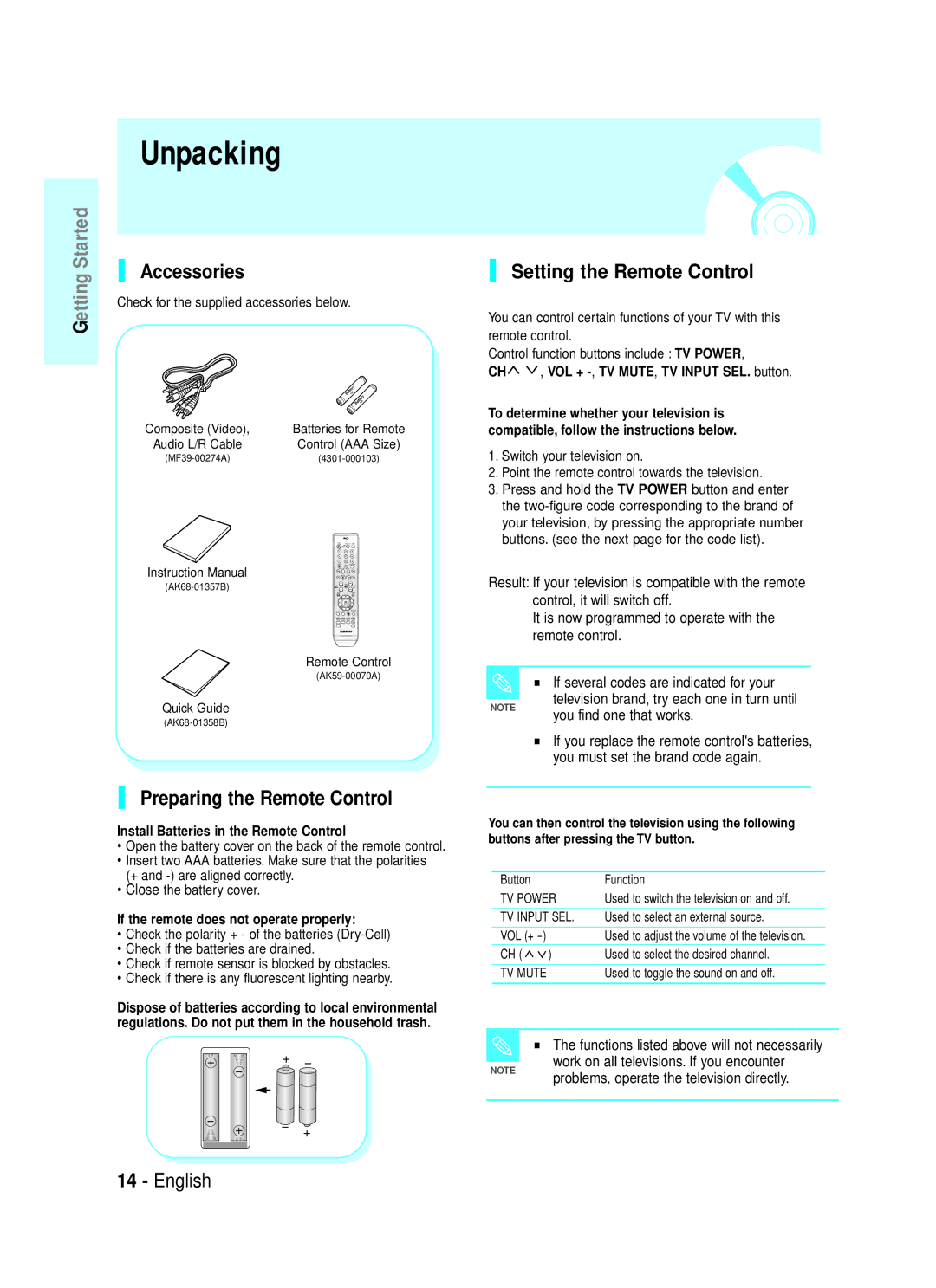 Samsung 1357B-BD-P1200-XAC, AK68-01357B manual Unpacking, Setting the Remote Control, Preparing the Remote Control 