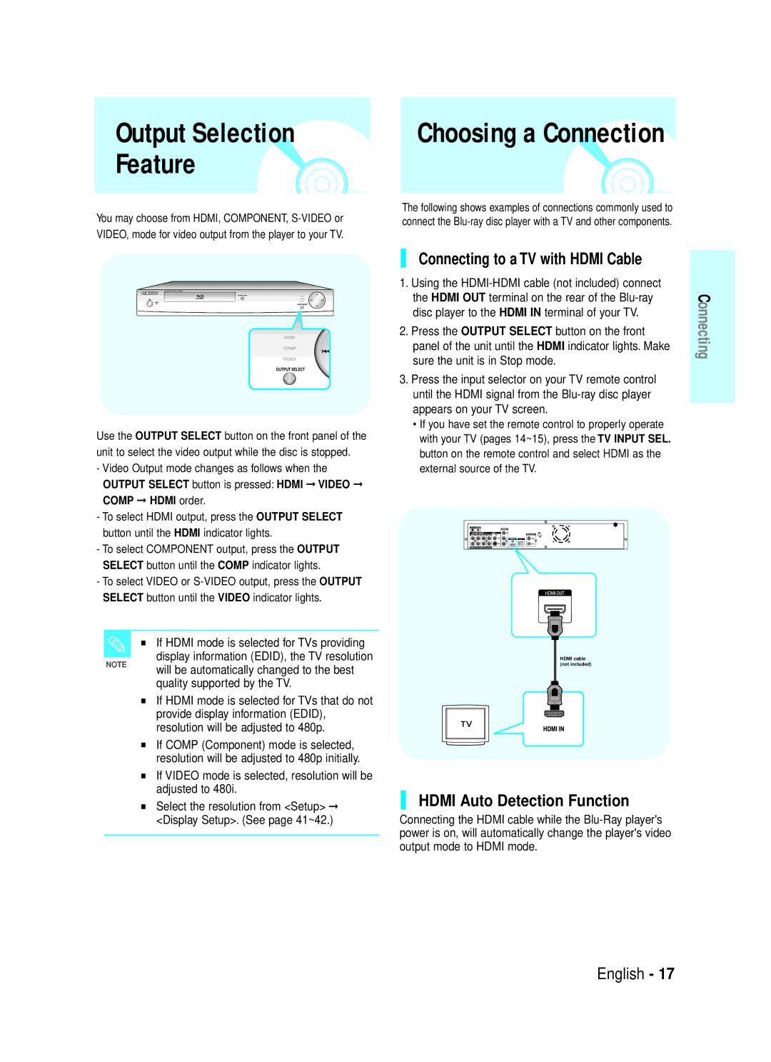 Samsung 1357B-BD-P1200-XAC, AK68-01357B, 20070320082319250 Connecting to a TV with Hdmi Cable, Hdmi Auto Detection Function 