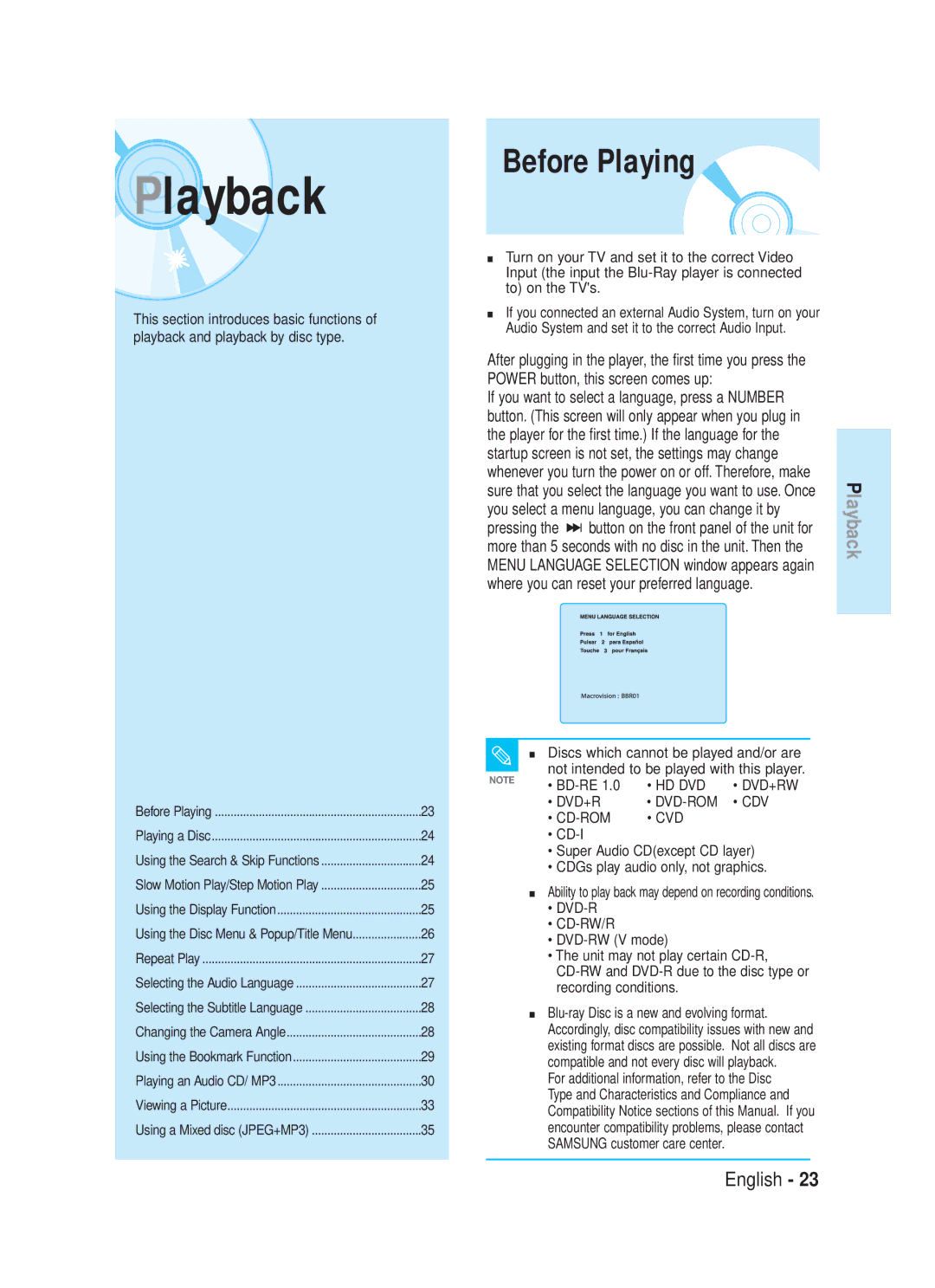 Samsung 1357B-BD-P1200-XAC, AK68-01357B manual Before Playing, If you want to select a language, press a Number, Bd-Re 