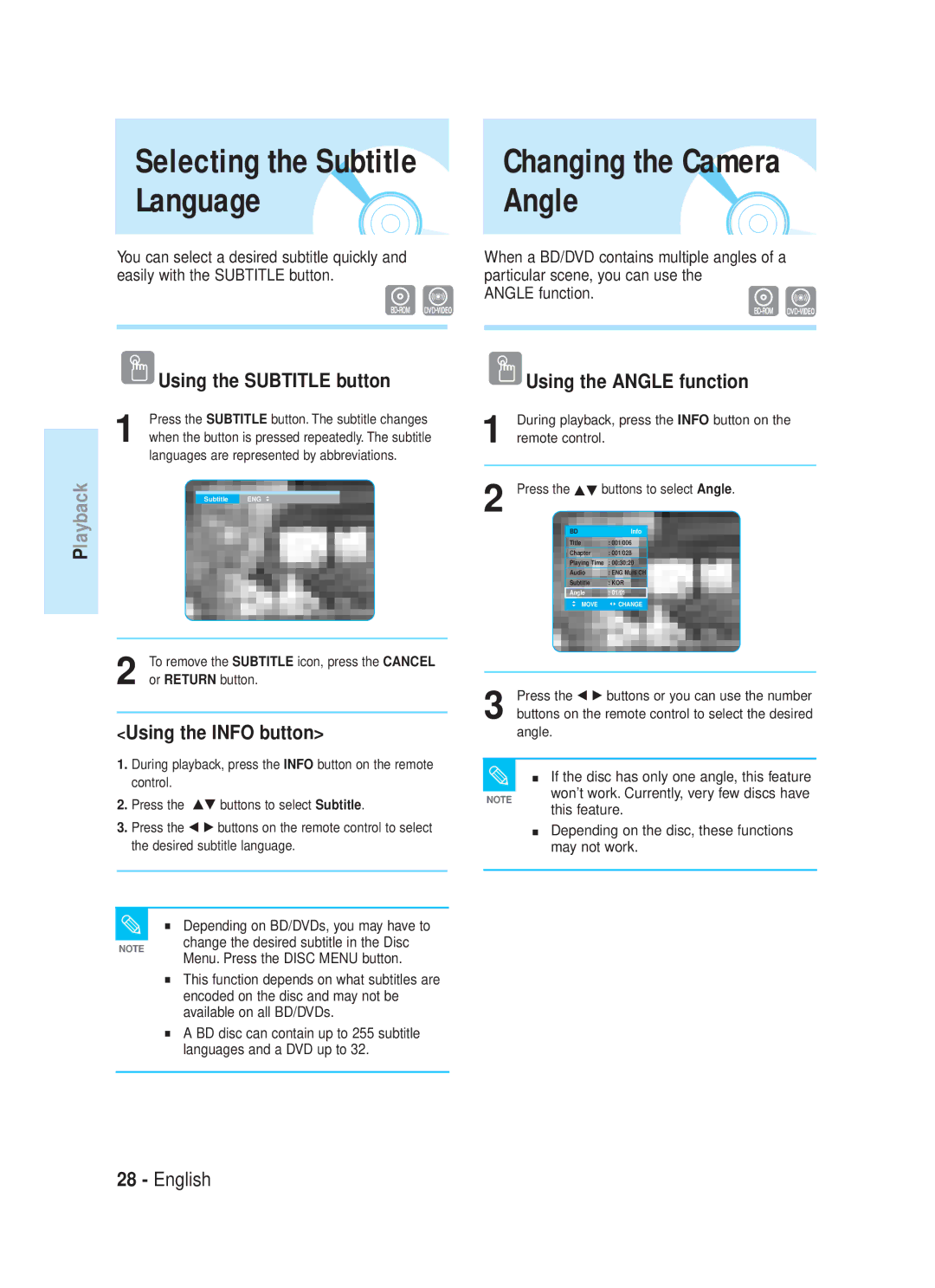 Samsung 20070320082319250, AK68-01357B manual Language Angle, Using the Subtitle button, Using the Angle function 