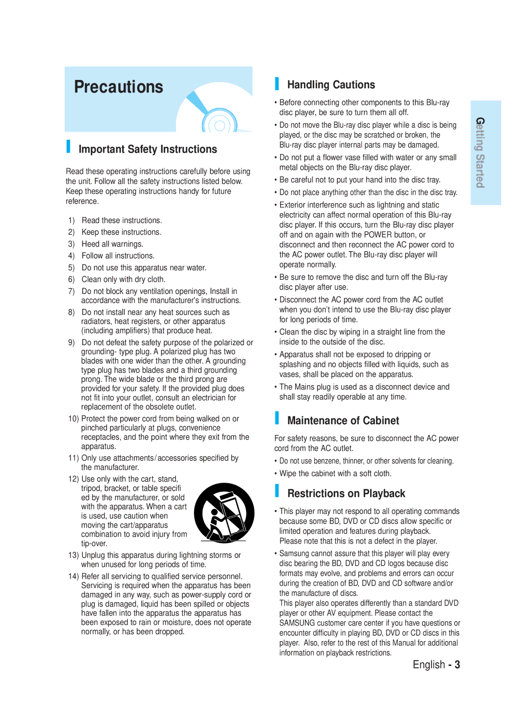 Samsung AK68-01357B Important Safety Instructions, Handling Cautions, Maintenance of Cabinet, Restrictions on Playback 