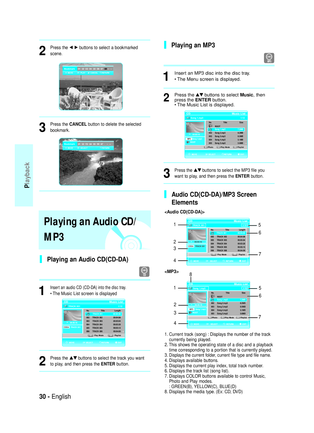 Samsung AK68-01357B, 20070320082319250 manual Playing an Audio CDCD-DA, Playing an MP3, Audio CDCD-DA/MP3 Screen Elements 