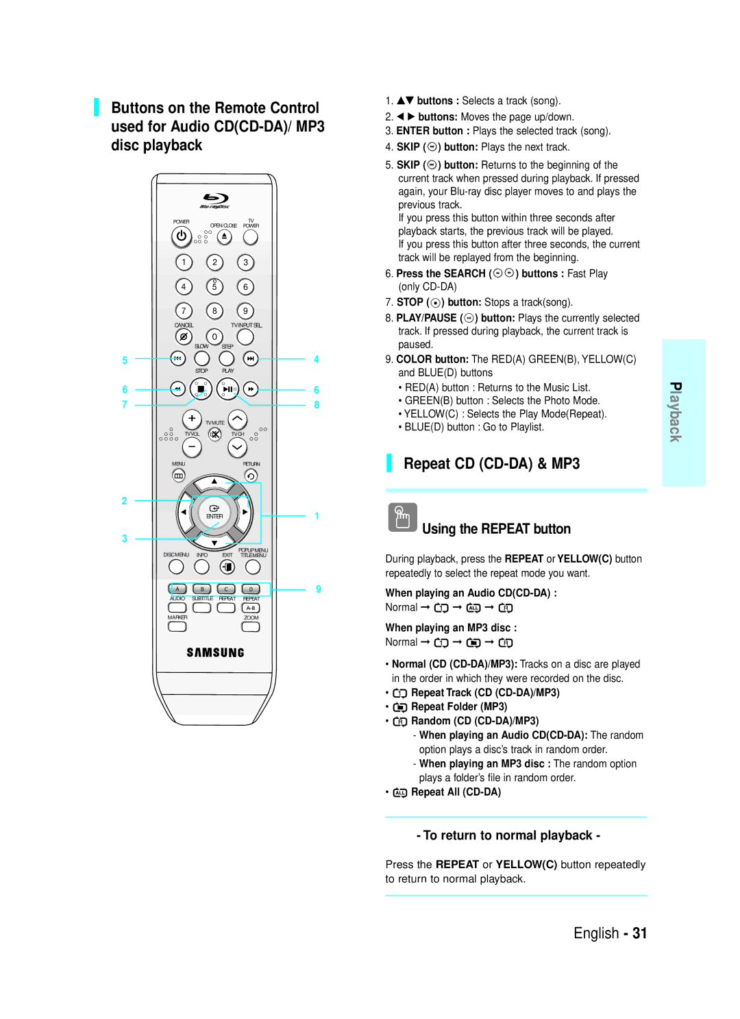 Samsung 20070320082319250, AK68-01357B manual Repeat CD CD-DA & MP3, Using the Repeat button, To return to normal playback 