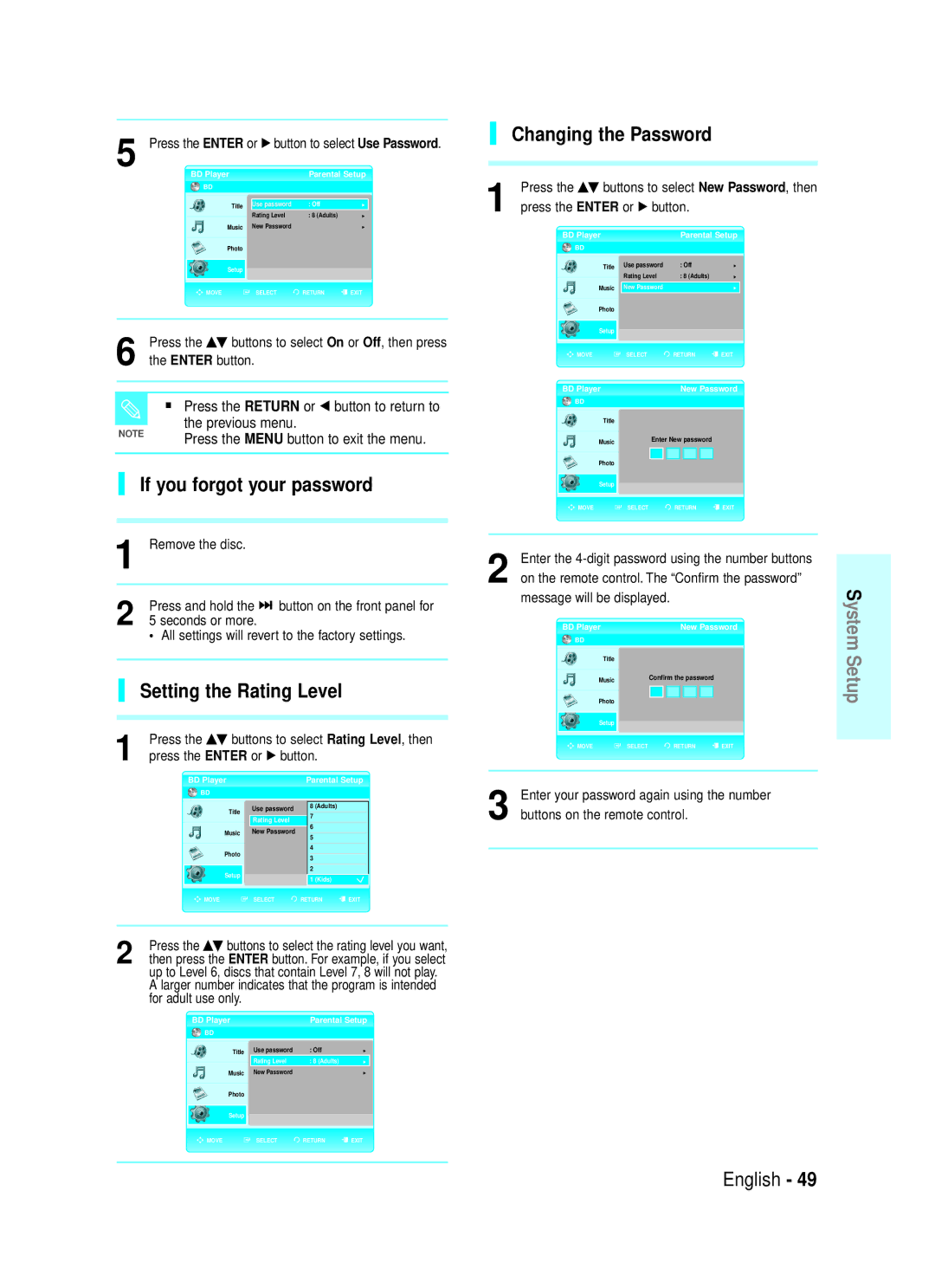 Samsung 20070320082319250, AK68-01357B manual If you forgot your password, Setting the Rating Level, Changing the Password 