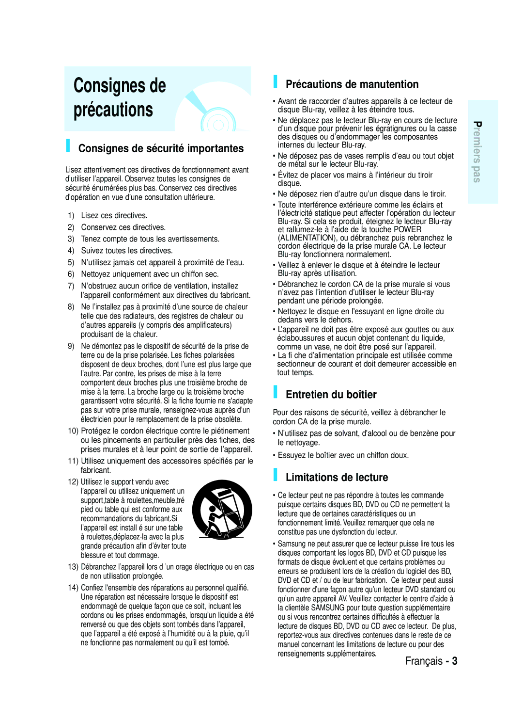 Samsung AK68-01357B, 20070320082319250 Consignes de sécurité importantes, Précautions de manutention, Entretien du boîtier 