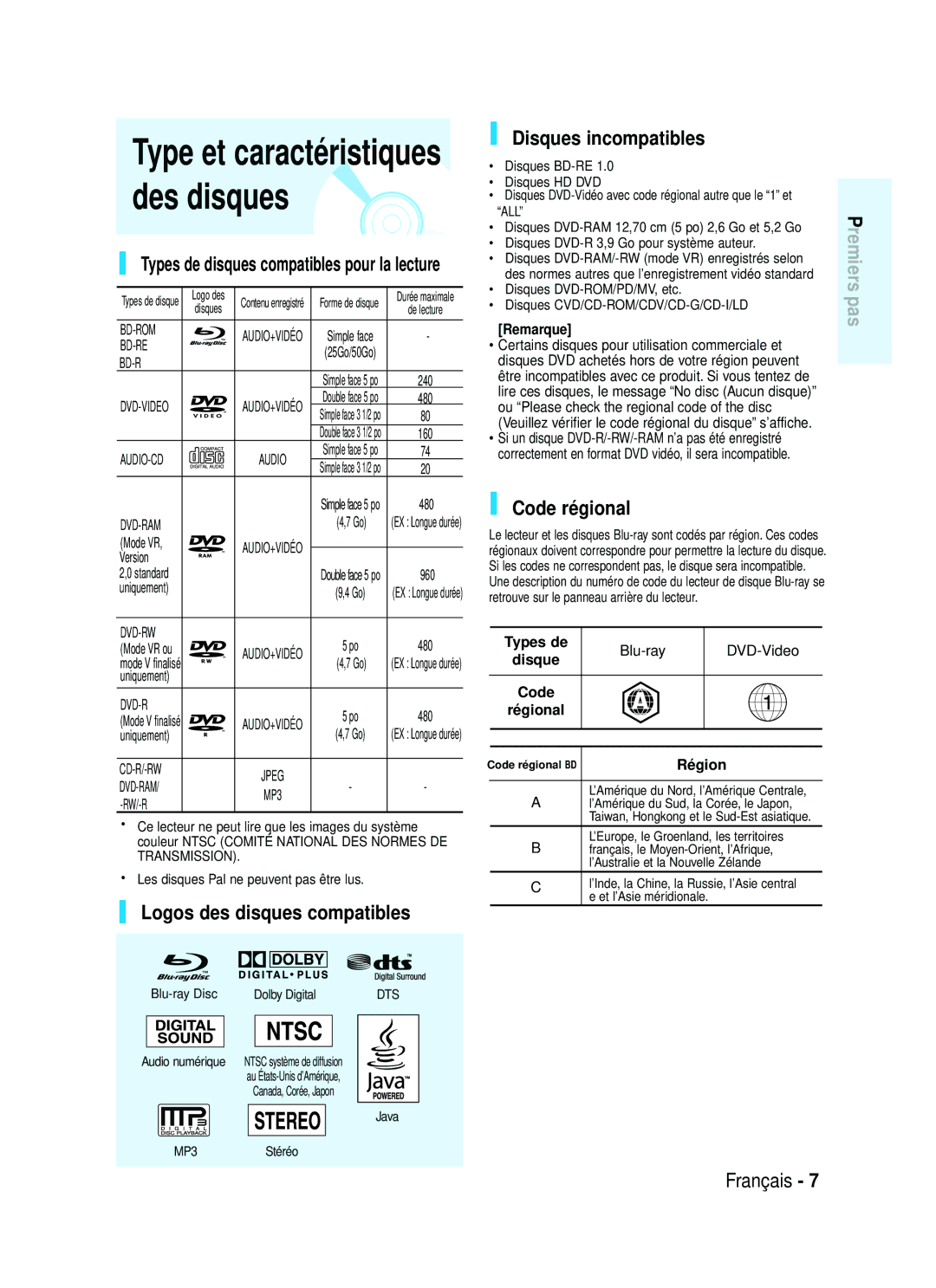 Samsung 20070320082319250, AK68-01357B manual Logos des disques compatibles Disques incompatibles, Code régional 