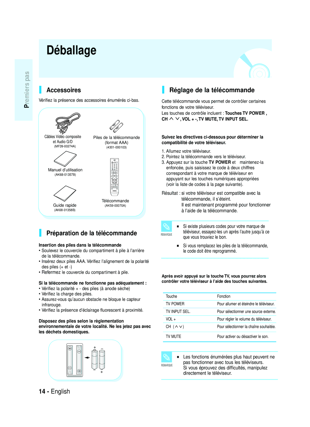 Samsung 1357B-BD-P1200-XAC, AK68-01357B, 20070320082319250 manual Préparation de la télécommande, Réglage de la télécommande 