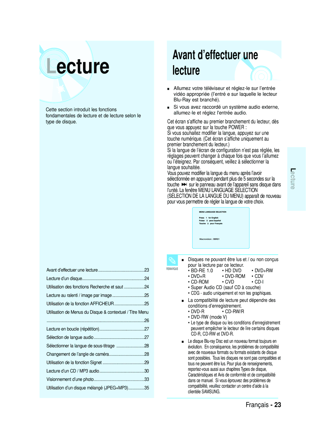 Samsung 1357B-BD-P1200-XAC manual Vous pouvez modifier la langue du menu après l’avoir, Cd-I, Dvd-R, DVD-RW mode, Cd-Rw/R 