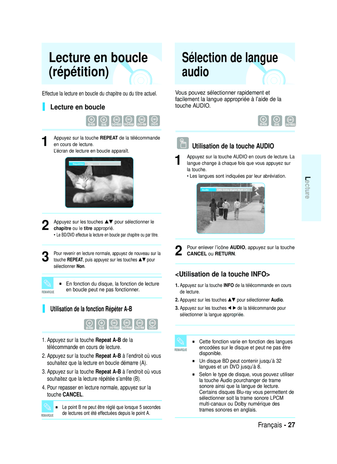 Samsung AK68-01357B manual Lecture en boucle, Utilisation de la fonction Répéter A-B, Utilisation de la touche Audio 