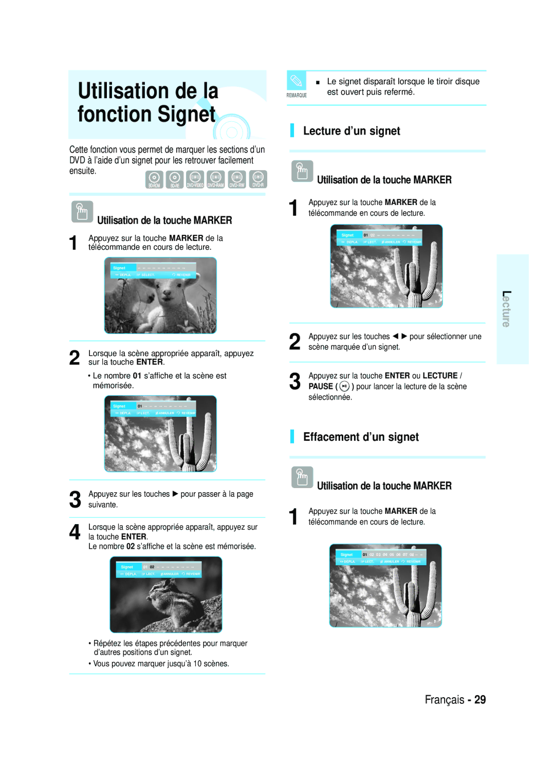 Samsung 1357B-BD-P1200-XAC, AK68-01357B manual Lecture d’un signet, Effacement d’un signet, Utilisation de la touche Marker 