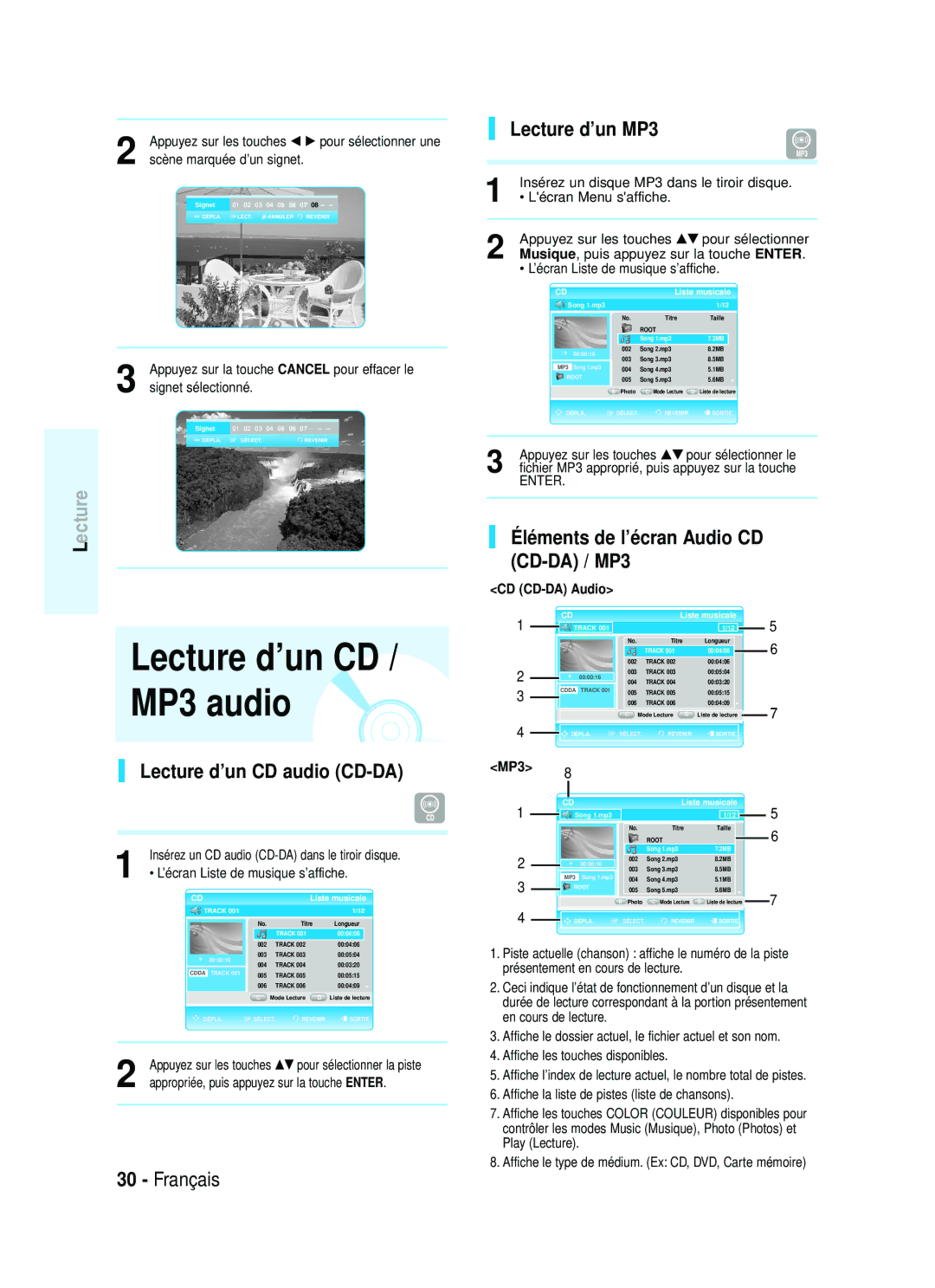 Samsung AK68-01357B manual Lecture d’un CD audio CD-DA, Lecture d’un MP3, Éléments de l’écran Audio CD CD-DA / MP3 