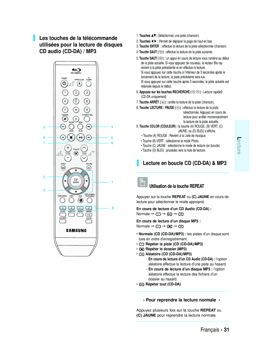 Samsung 20070320082319250, AK68-01357B manual Pour reprendre la lecture normale, En cours de lecture d’un CD Audio CD-DA 