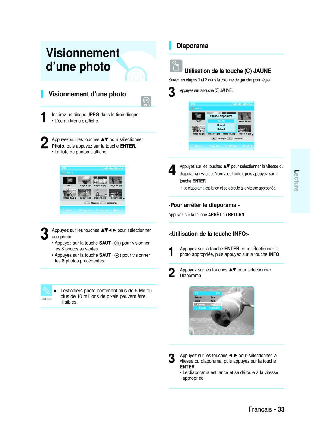 Samsung AK68-01357B manual Visionnement d’une photo, Diaporama, Utilisation de la touche C Jaune, Pour arrêter le diaporama 