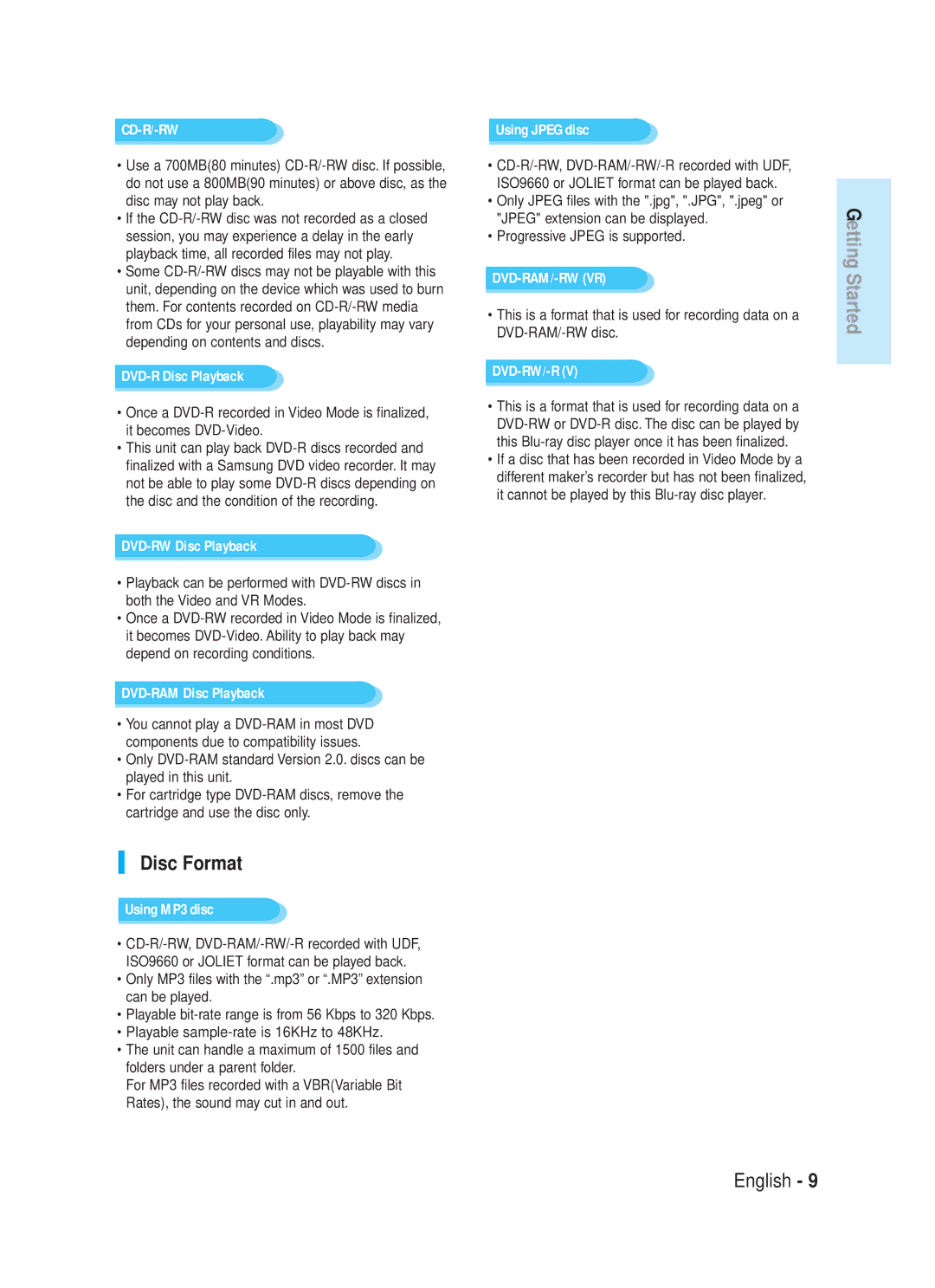 Samsung AK68-01357B, 20070320082319250, 1357B-BD-P1200-XAC manual Disc Format, Progressive Jpeg is supported 