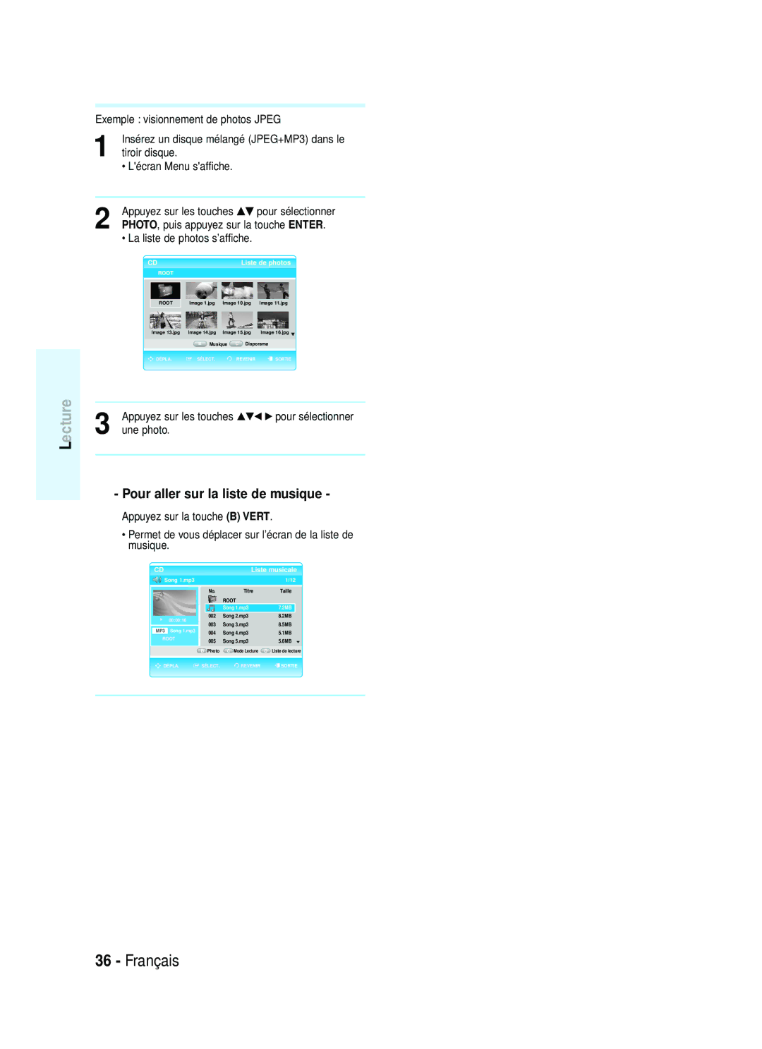 Samsung AK68-01357B, 20070320082319250 manual Pour aller sur la liste de musique, Exemple visionnement de photos Jpeg 