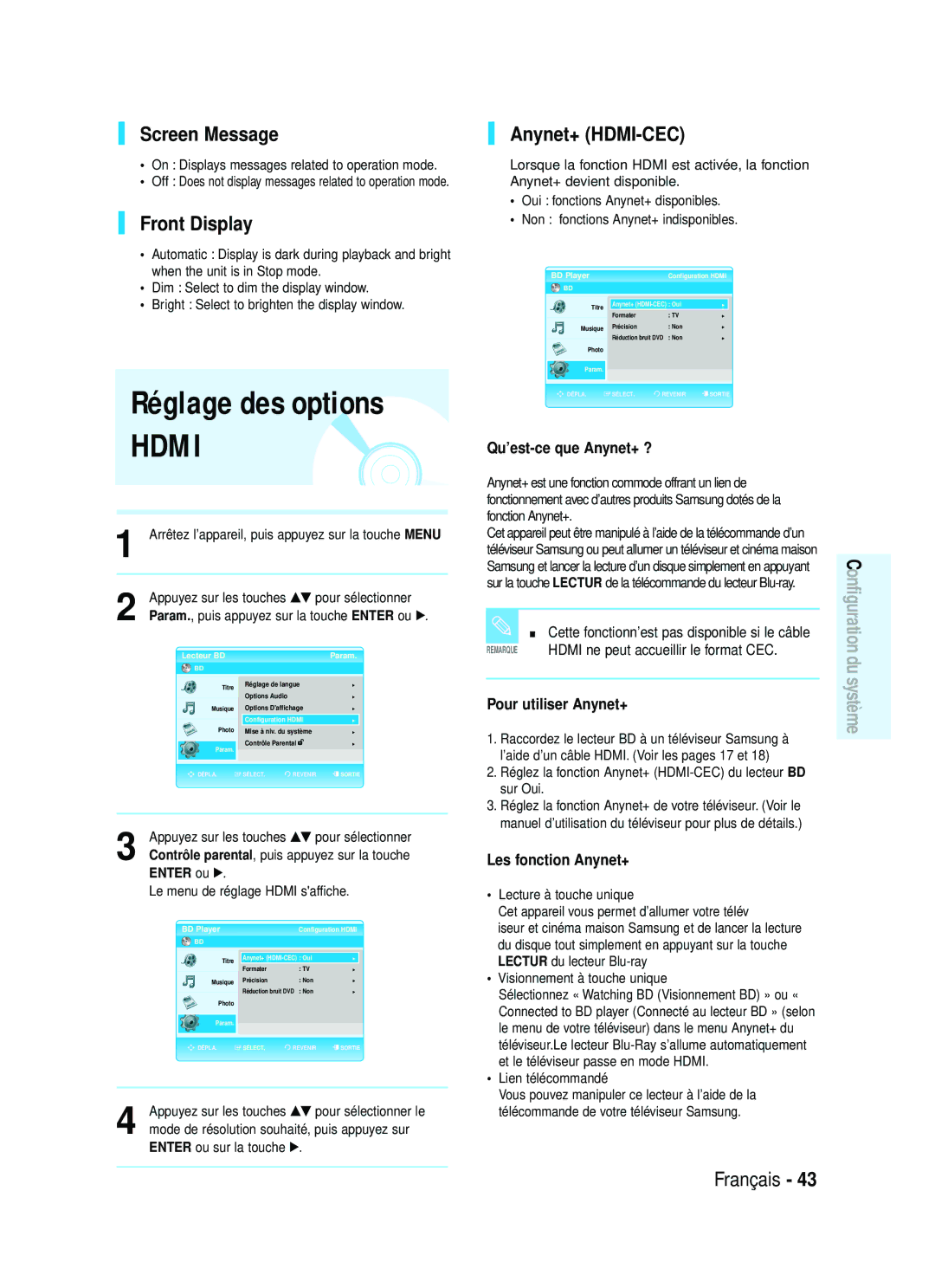 Samsung 20070320082319250 manual Pour utiliser Anynet+, Les fonction Anynet+, Contrôle parental, puis appuyez sur la touche 