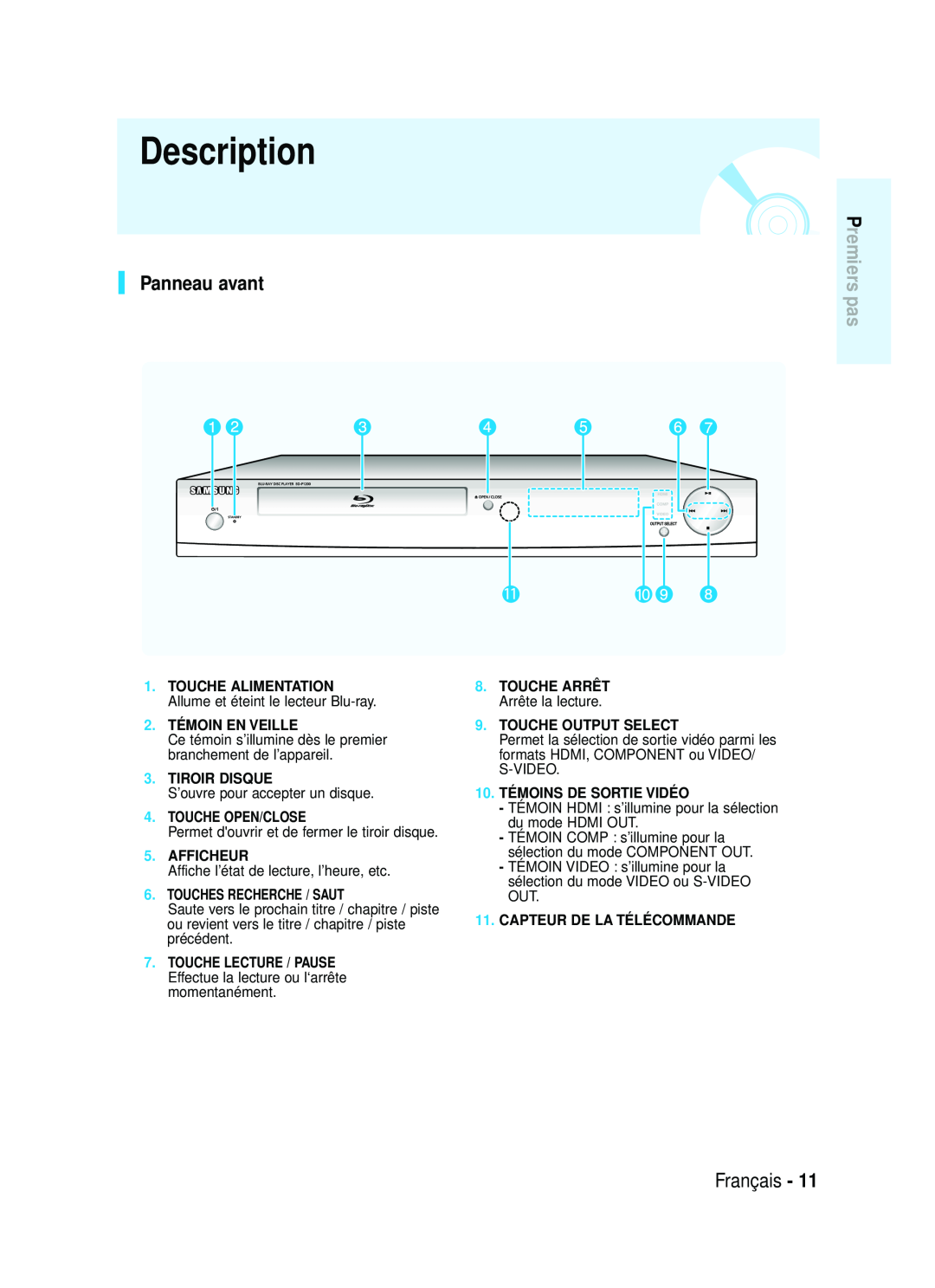 Samsung 1357B-BD-P1200-XAC Description, Panneau avant, 2. TÉMOIN EN VEILLE, Tiroir Disque, Touche Open/Close, Afficheur 