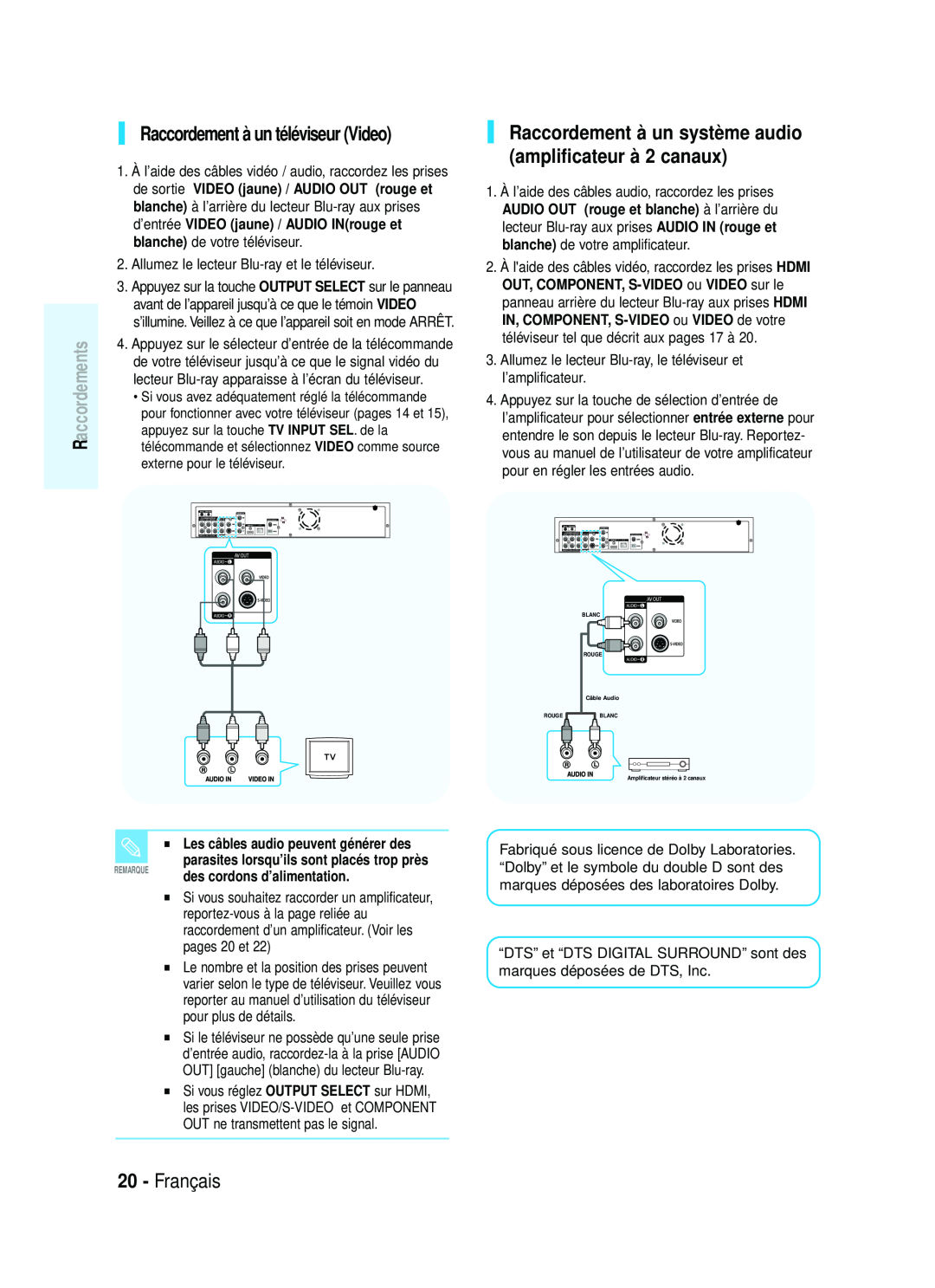 Samsung 1357B-BD-P1200-XAC, AK68-01357B Raccordement à un système audio amplificateur à 2 canaux, Français, Raccordements 