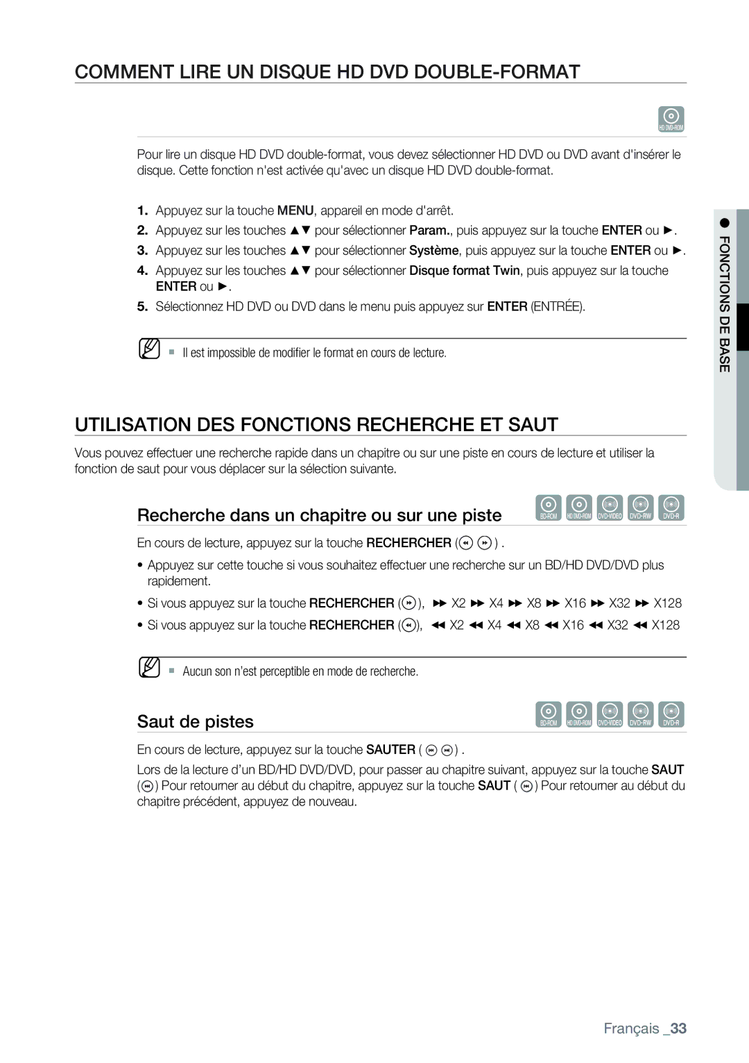 Samsung AK68-01477B user manual Comment Lire UN Disque HD DVD DOUBLE-FORMAT, Utilisation DES Fonctions Recherche ET Saut 