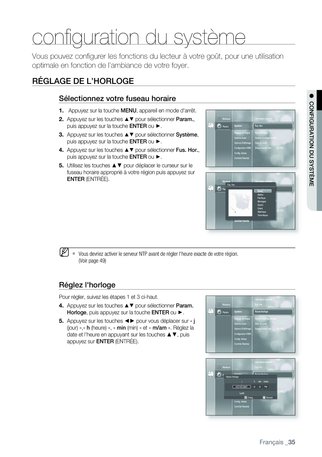 Samsung AK68-01477B Conﬁguration du système, Réglage DE L’HORLOGE, Sélectionnez votre fuseau horaire, Réglez lhorloge 