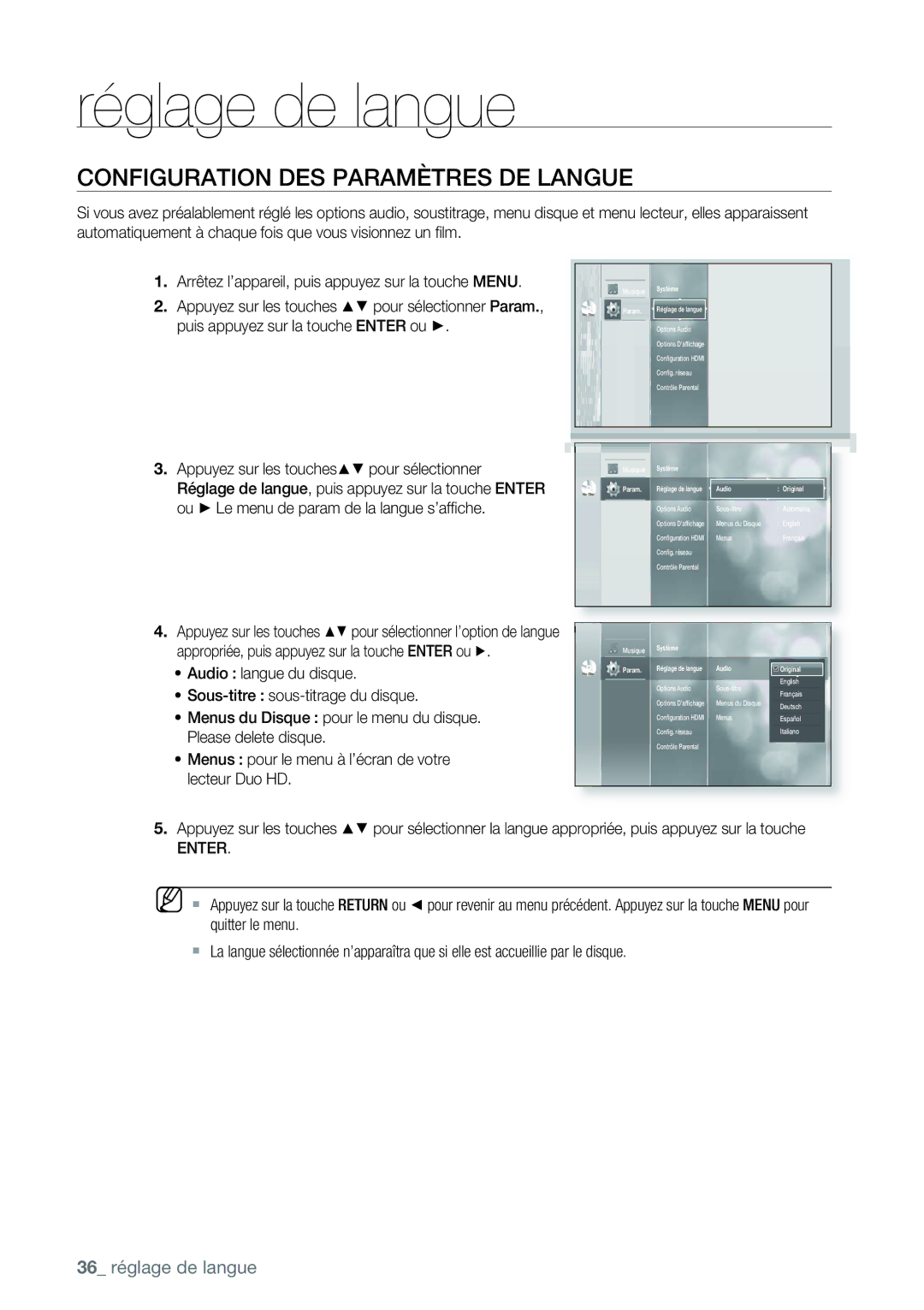 Samsung AK68-01477B user manual Réglage de langue, Configuration DES Paramètres DE Langue, Enter 