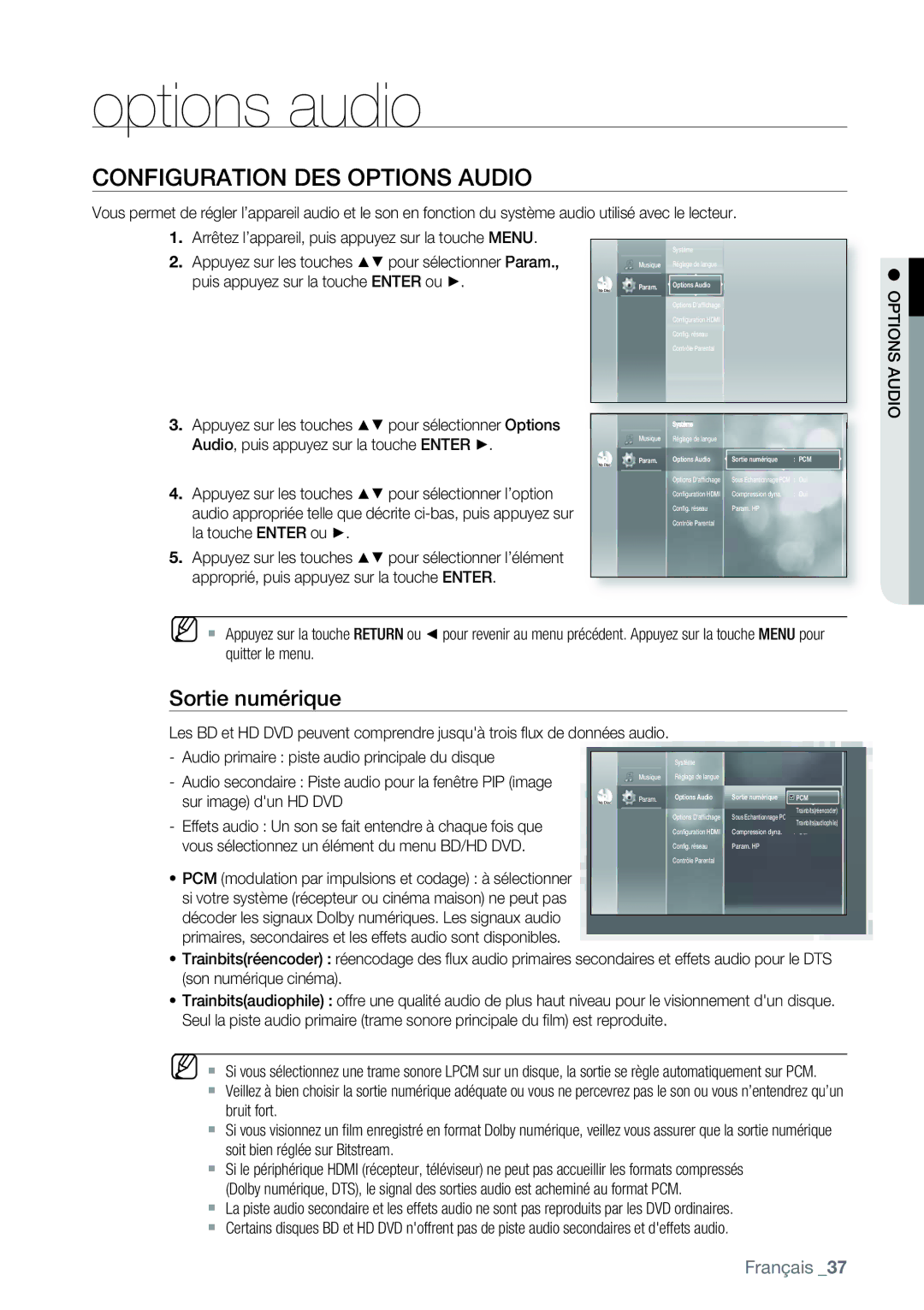 Samsung AK68-01477B user manual Options audio, Configuration DES Options Audio, Sortie numérique 