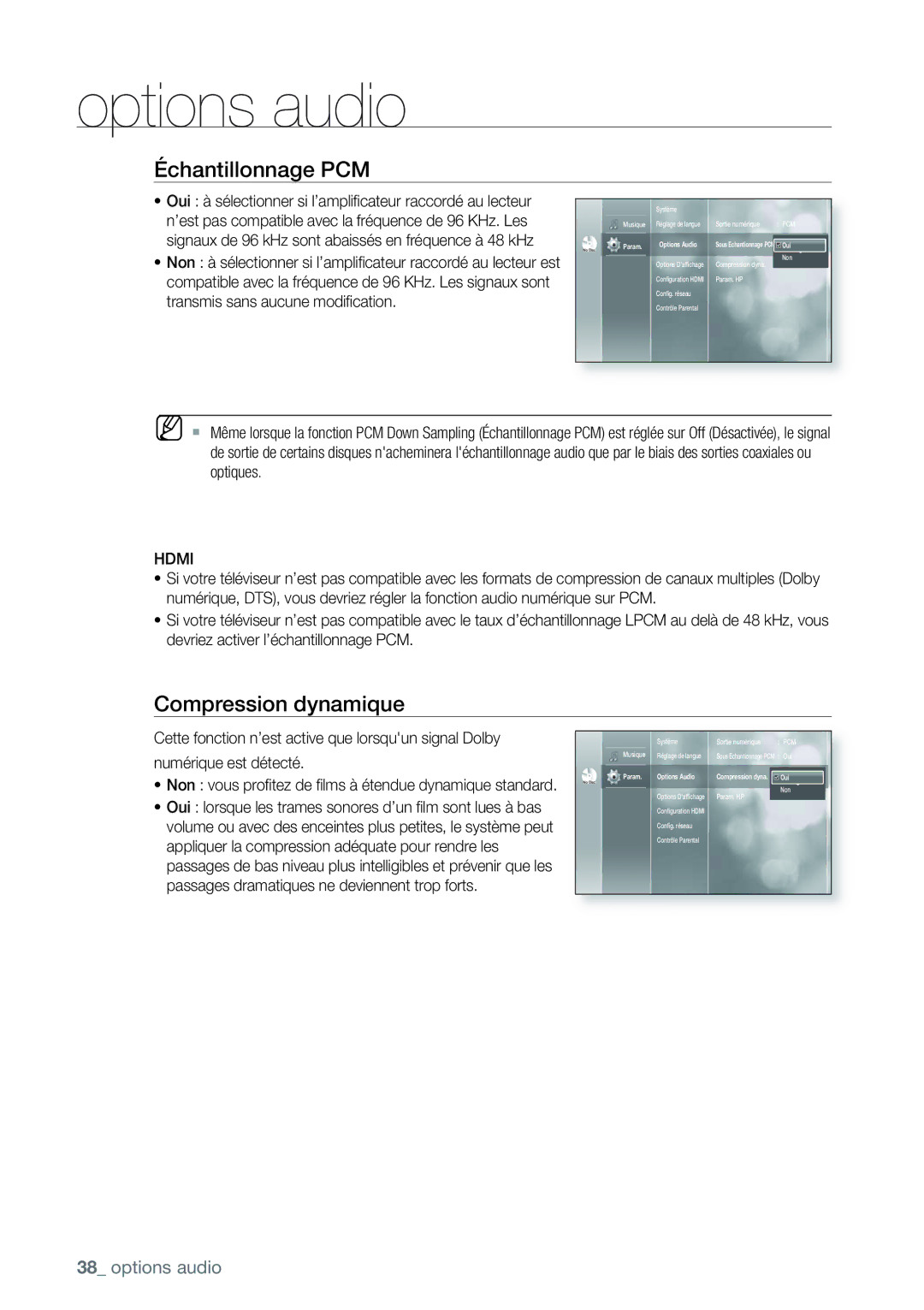 Samsung AK68-01477B user manual Échantillonnage PCM, Compression dynamique 