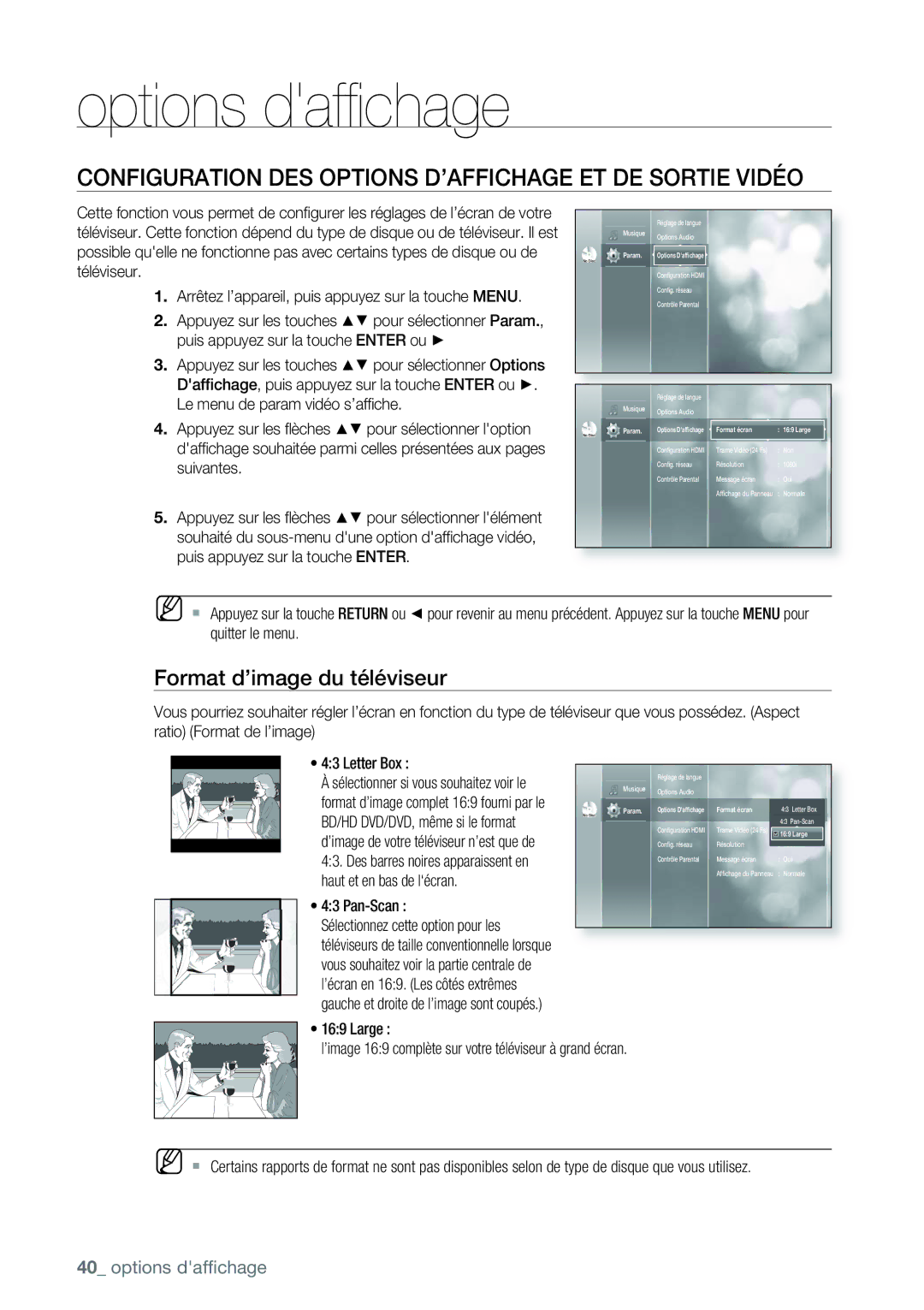 Samsung AK68-01477B user manual Options dafﬁchage, Configuration DES Options D’AFFICHAGE ET DE Sortie Vidéo 