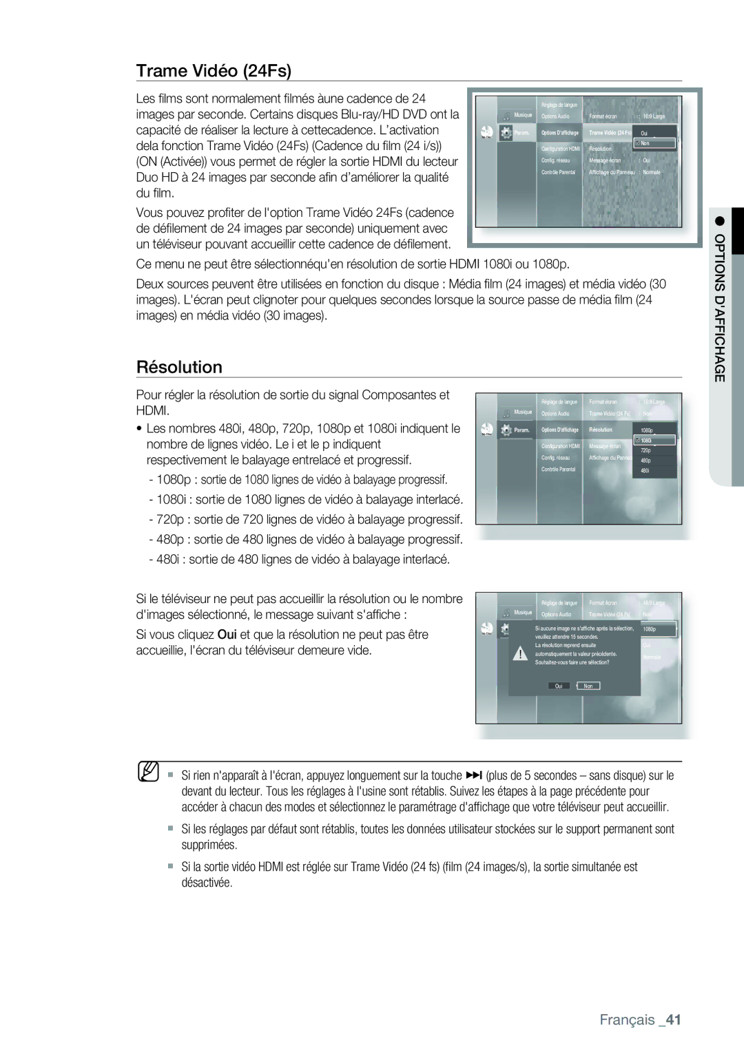 Samsung AK68-01477B user manual Trame Vidéo 24Fs, Résolution, Les ﬁlms sont normalement ﬁlmés àune cadence de, Du ﬁlm 