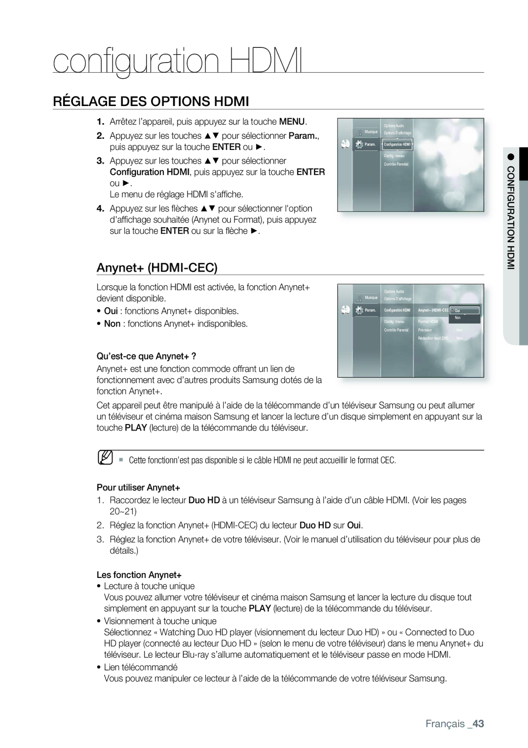 Samsung AK68-01477B user manual Conﬁguration Hdmi, Réglage DES Options Hdmi, Configuration Hdmi 